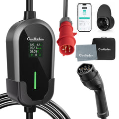 Prenosný nabíjací kábel pre EV Coolladen 11kW Type 2 (16A 3-fázový) s ovládaním cez aplikáciu – plánované nabíjanie, nastaviteľný prúd, Type B RCD, nástenný držiak a taška v balení