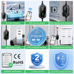 Prenosný nabíjací kábel pre EV Coolladen 11kW Type 2 (16A 3-fázový) s ovládaním cez aplikáciu – plánované nabíjanie, nastaviteľný prúd, Type B RCD, nástenný držiak a taška v balení