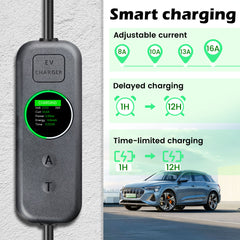 Coolladen 3.5kW Prenosný EV Nabíjač | 16A Schuko na Type 2 Mobilný Wallbox | Nastaviteľný Prúd | Presné 1-12H Časované Nabíjanie & Odloženie