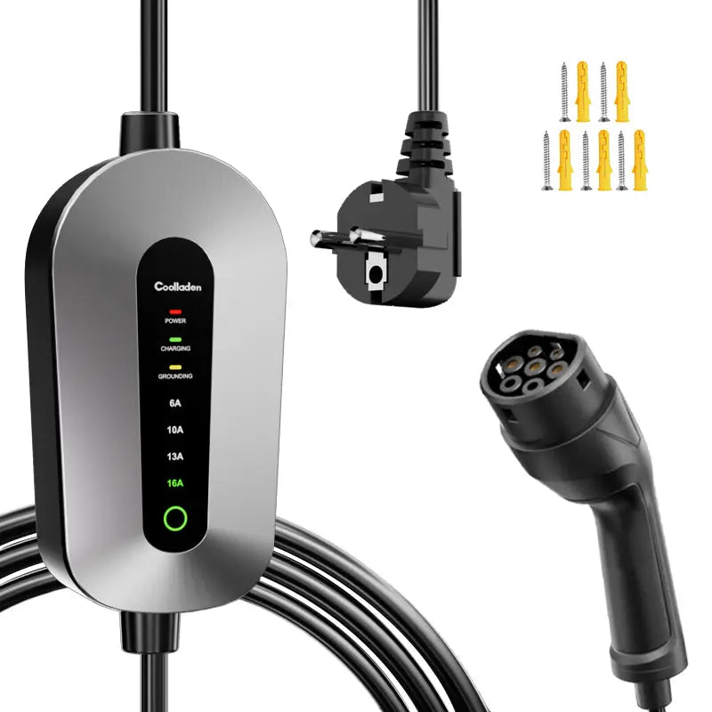 Nabíjací kábel Coolladen typu 2 Schuko 3,68 kW [1-fázový, 4-11 m, 6-16 A] s 2-pinovou zástrčkou Schuko, prenosná nabíjačka do auta pre elektromobily a PHEV