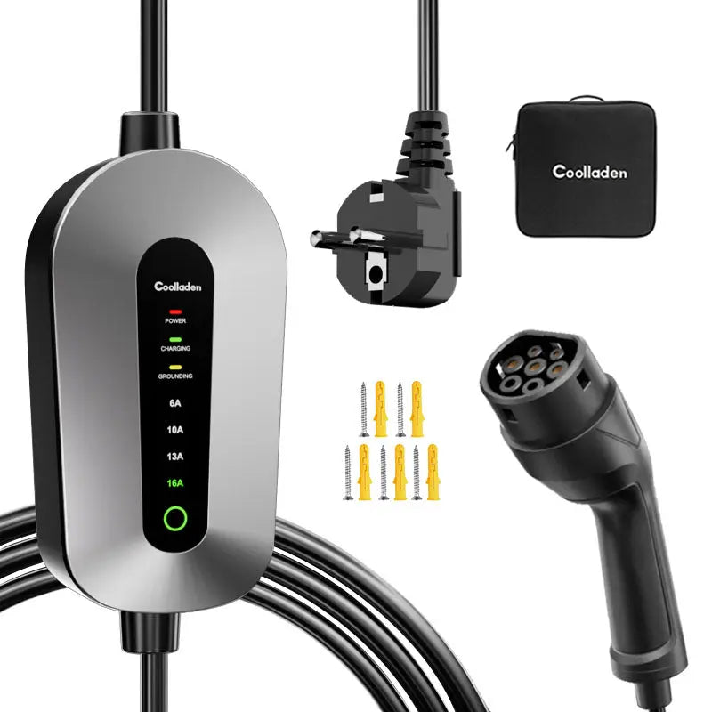 Nabíjací kábel Coolladen typu 2 Schuko 3,68 kW [1-fázový, 4-11 m, 6-16 A] s 2-pinovou zástrčkou Schuko, prenosná nabíjačka do auta pre elektromobily a PHEV
