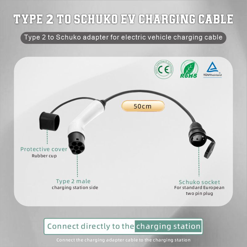 Adaptér typu 2 na zástrčku Schuko Electric Car Charger, 16 A, 0,5/4 m. Jednoduché nabíjanie na nabíjacích staniciach / nástenných boxoch, Použitie 230 V nabíjačiek pre E-Bike, E-Scooter, Motocykel, IP55