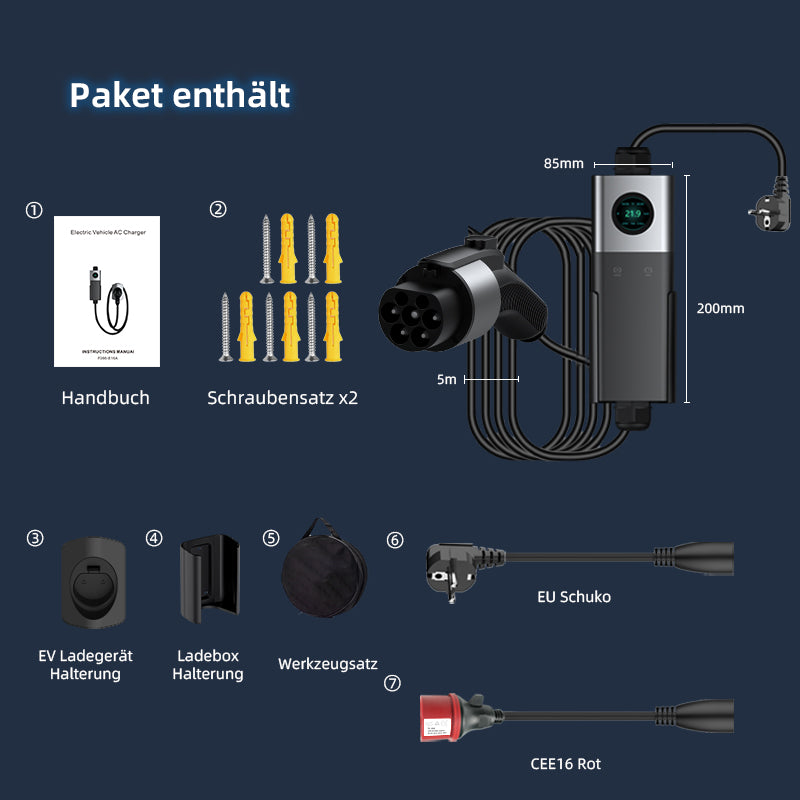 Coolladen Coolladen Mobile Wallbox WiFi s APP, nabíjanie až 11 kW, nabíjačka EV typu 2, 5M kábel, dotykový displej, nastaviteľná veľkosť prúdu s Schuko 16A/CEE 16A červená