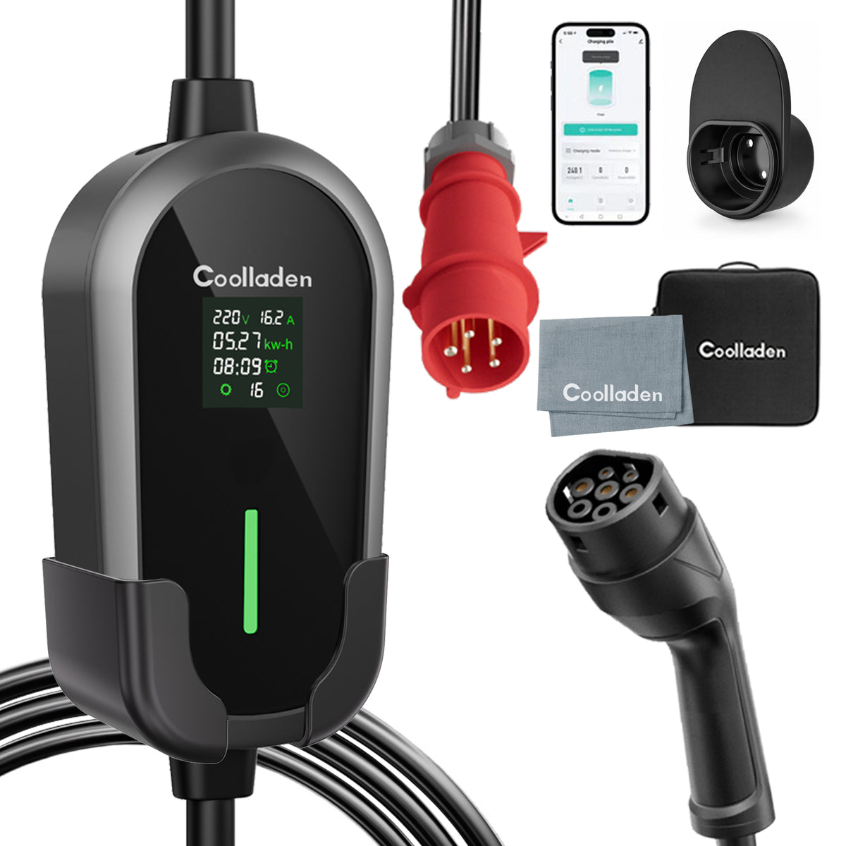 Prenosný nabíjací kábel pre EV Coolladen 11kW Type 2 (16A 3-fázový) s ovládaním cez aplikáciu – plánované nabíjanie, nastaviteľný prúd, Type B RCD, nástenný držiak a taška v balení