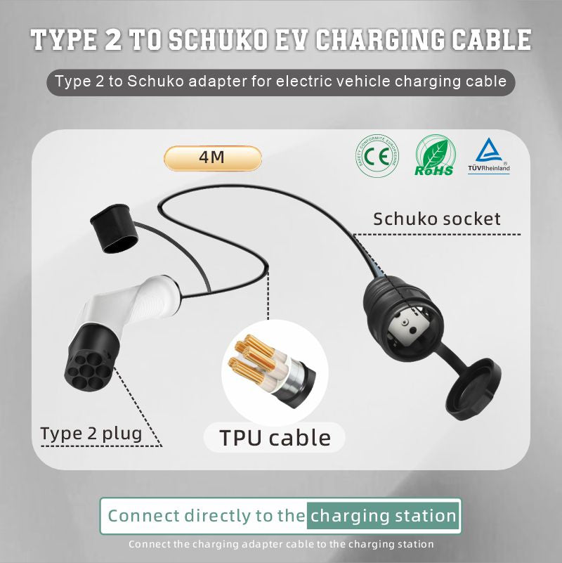 Adaptér typu 2 na zástrčku Schuko Electric Car Charger, 16 A, 0,5/4 m. Jednoduché nabíjanie na nabíjacích staniciach / nástenných boxoch, Použitie 230 V nabíjačiek pre E-Bike, E-Scooter, Motocykel, IP55