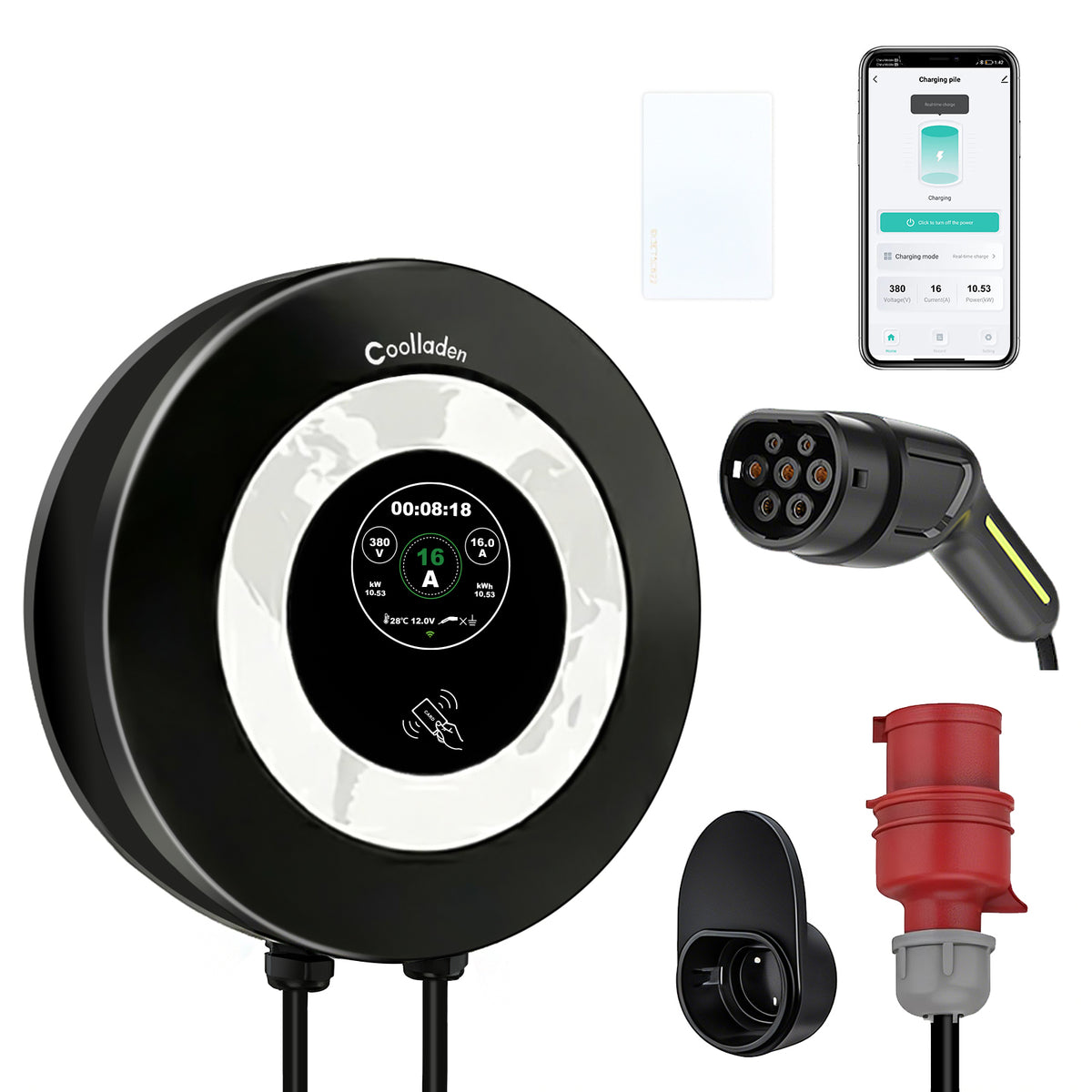 Coolladen Wallbox 11kW s ovládaním cez aplikáciu a RFID, Type 2 na CEE 16A trojfázová nabíjačka EV, pokročilá AC+DC ochrana proti Úniku (RCD Typ B)