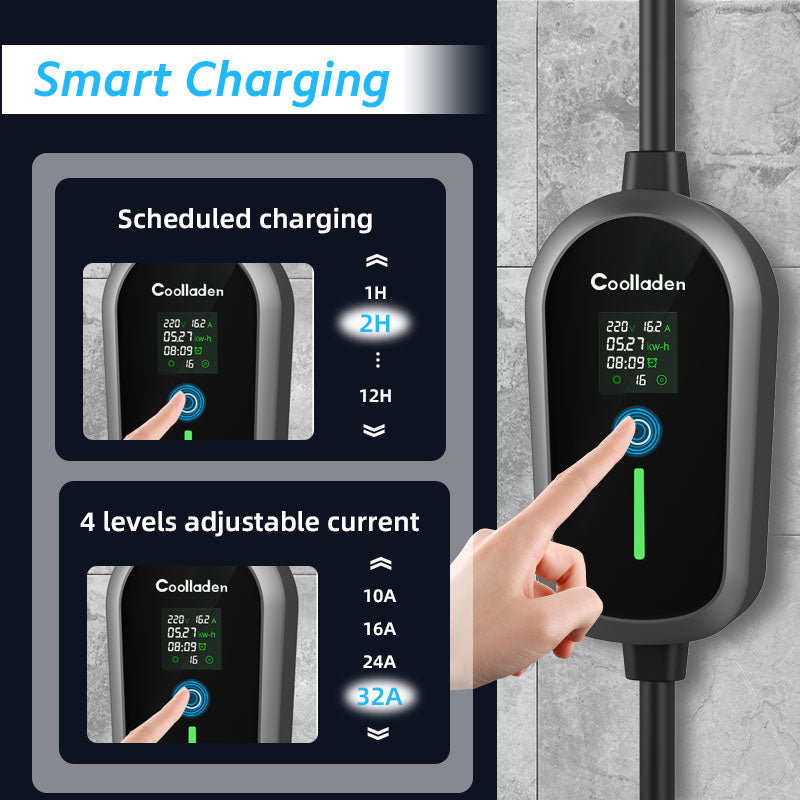 Colladen 7kw prenosná nabíjačka ev 1 fáza 32a typ 2 nabíjačka elektrických vozidiel, 8h nabíjanie, 4 úrovne nastaviteľná prúdová nabíjacia stanica so zástrčkou cee