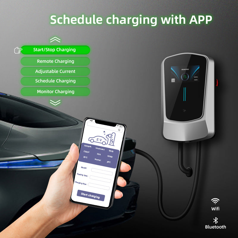 Chladnička EV nabíjačka Smart APP s 16A Typ 2 11kW domová nabíjacia stanica 400V CE & TÜV wallbox 5m nabíjací kábel s držiakom nabíjačky ovládanie aplikáciou CEE 3-fázová zástrčka pre všetky EV a PHEV