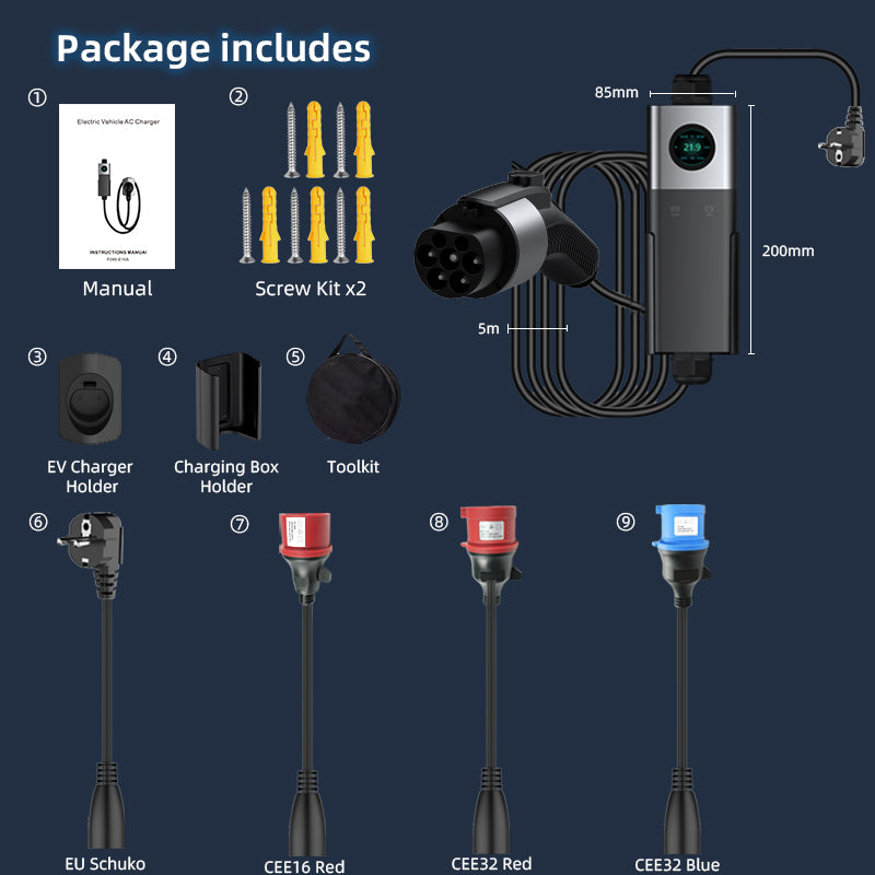 Coolladen Mobile Wallbox WiFi s APP, nabíjanie do 22kW, EV nabíjačka typu 2, 5M kábel, dotykový displej, nastaviteľná veľkosť prúdu s Schuko 16A/CEE 32A červená/CEE 16A červená/CEE 32A modrá