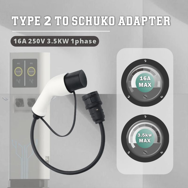Adaptér typu 2 na zástrčku Schuko Electric Car Charger, 16 A, 0,5/4 m. Jednoduché nabíjanie na nabíjacích staniciach / nástenných boxoch, Použitie 230 V nabíjačiek pre E-Bike, E-Scooter, Motocykel, IP55