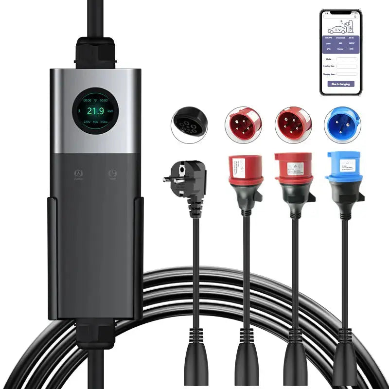 Coolladen mobilná nástenná nabíjačka WiFi s aplikáciou, nabíjanie až do 11 kW, EV nabíjačka typu 2, 5M kábel, dotykový displej, nastaviteľná veľkosť prúdu so Schuko 16A/CEE 16A červená