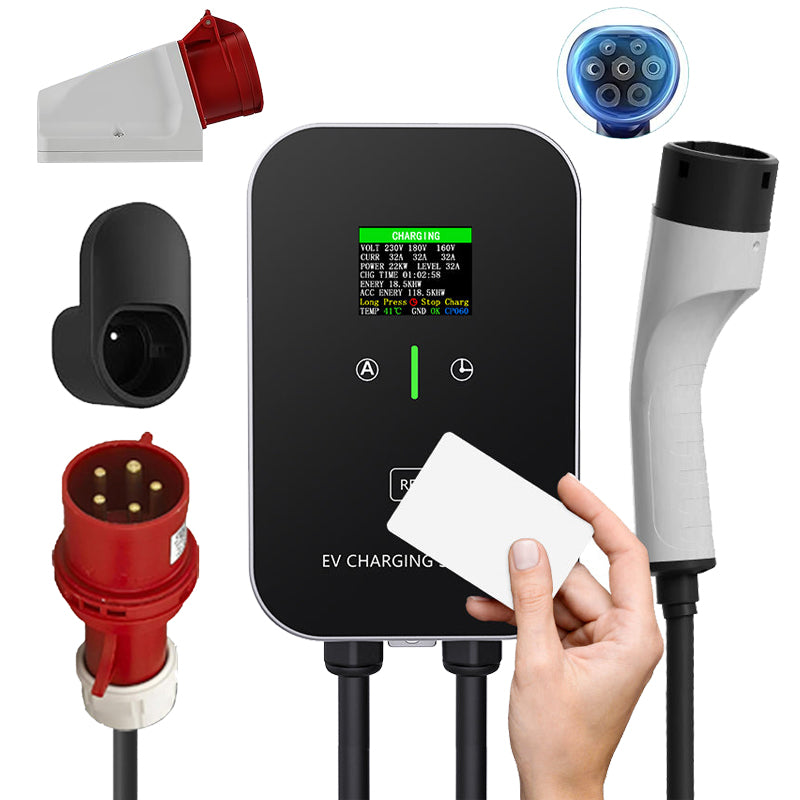 Inteligentná nabíjačka EV 11~22kW, domáca nabíjacia stanica, nástenný box s 5m nabíjacím káblom a držiakom nabíjačky, CEE 3-fázová zástrčka pre všetky EV a PHEV