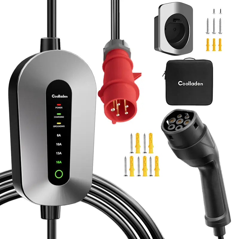 Coolladen mobilná nástenná nabíjačka 11kW nabíjací kábel typ 2 CEE zástrčka [3-phase|4m/6m/11m|6-16A] s nastaviteľným nabíjacím výkonom, nabíjacia stanica a EV nabíjačka pre ID.3/4/5, e-up, e-tron, Zoe a iné EV