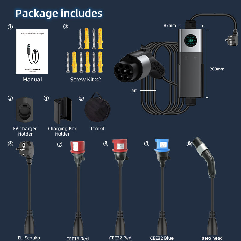 Coolladen Mobile Wallbox WiFi s APP, nabíjanie do 22kW, EV nabíjačka typu 2, 5M kábel, dotykový displej, nastaviteľná veľkosť prúdu so zásuvkou Schuko 16A/CEE 32A červená/CEE 16A červená/CEE 32A modrá/Typ 2