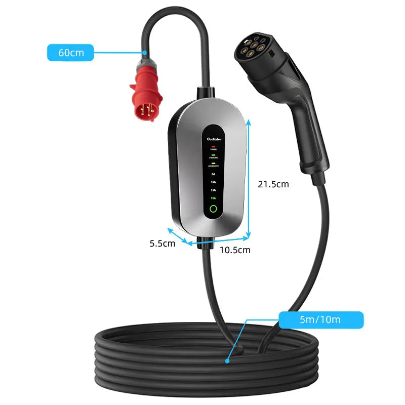 Coolladen mobilná nástenná nabíjačka 11kW nabíjací kábel typ 2 CEE zástrčka [3-phase|4m/6m/11m|6-16A] s nastaviteľným nabíjacím výkonom, nabíjacia stanica a EV nabíjačka pre ID.3/4/5, e-up, e-tron, Zoe a iné EV