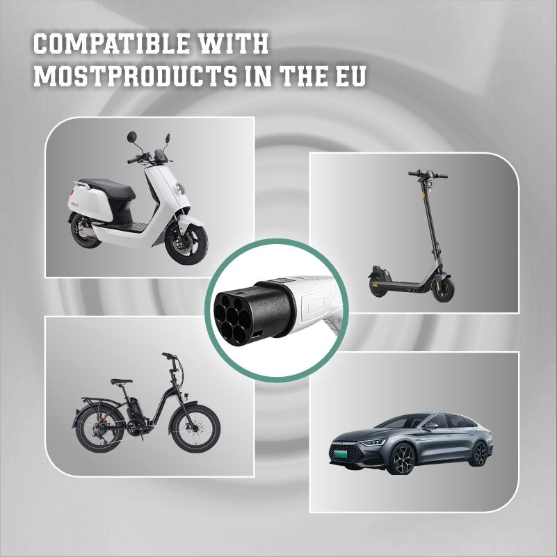 Adaptér typu 2 na zástrčku Schuko Electric Car Charger, 16 A, 0,5/4 m. Jednoduché nabíjanie na nabíjacích staniciach / nástenných boxoch, Použitie 230 V nabíjačiek pre E-Bike, E-Scooter, Motocykel, IP55