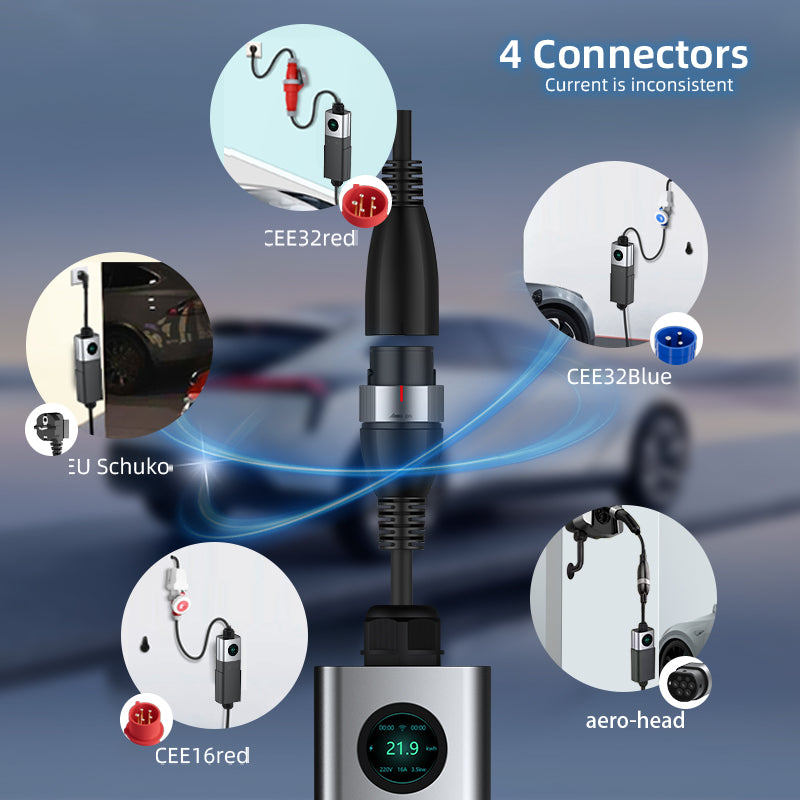 Coolladen Mobile Wallbox WiFi s APP, nabíjanie do 22kW, EV nabíjačka typu 2, 5M kábel, dotykový displej, nastaviteľná veľkosť prúdu so zásuvkou Schuko 16A/CEE 32A červená/CEE 16A červená/CEE 32A modrá/Typ 2