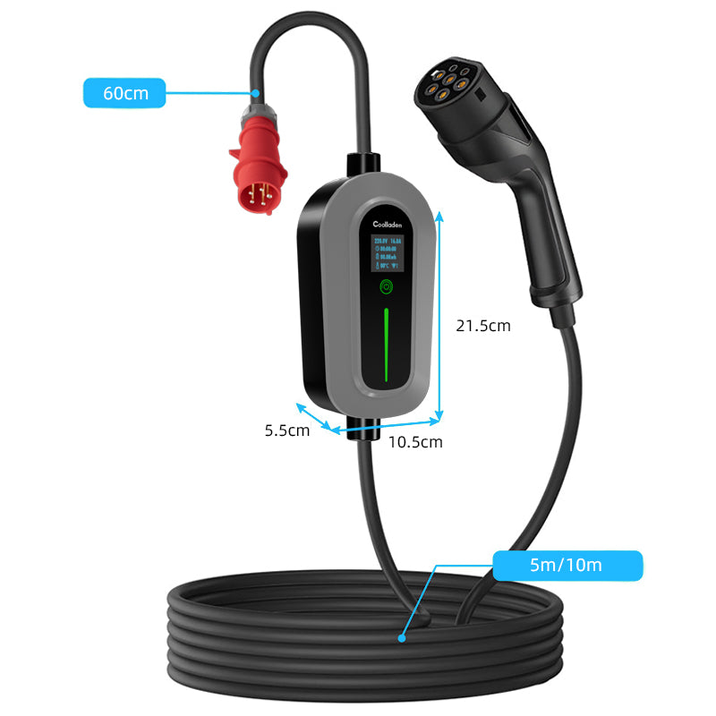 Colladen nabíjací kábel typ 2 CEE zástrčka 11 kW [3-fázový|5/10m|6-16A] s nastaviteľným nabíjacím výkonom, nabíjacou stanicou a EV nabíjačkou pre ID.3/4/5, e-up, e-tron, Zoe a ostatné EV