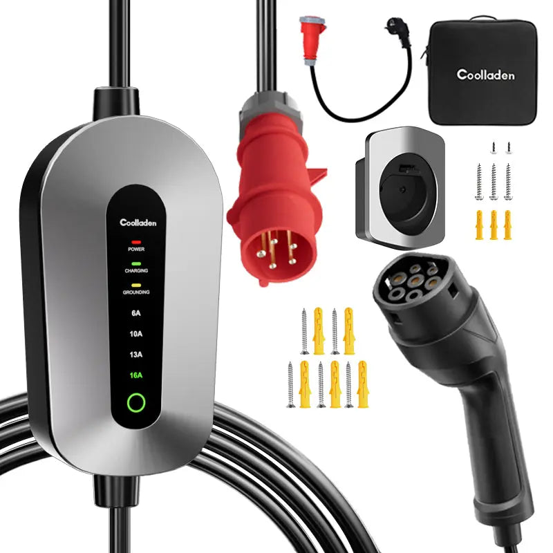 Coolladen mobilná nástenná nabíjačka 11kW nabíjací kábel typ 2 CEE zástrčka [3-phase|4m/6m/11m|6-16A] s nastaviteľným nabíjacím výkonom, nabíjacia stanica a EV nabíjačka pre ID.3/4/5, e-up, e-tron, Zoe a iné EV